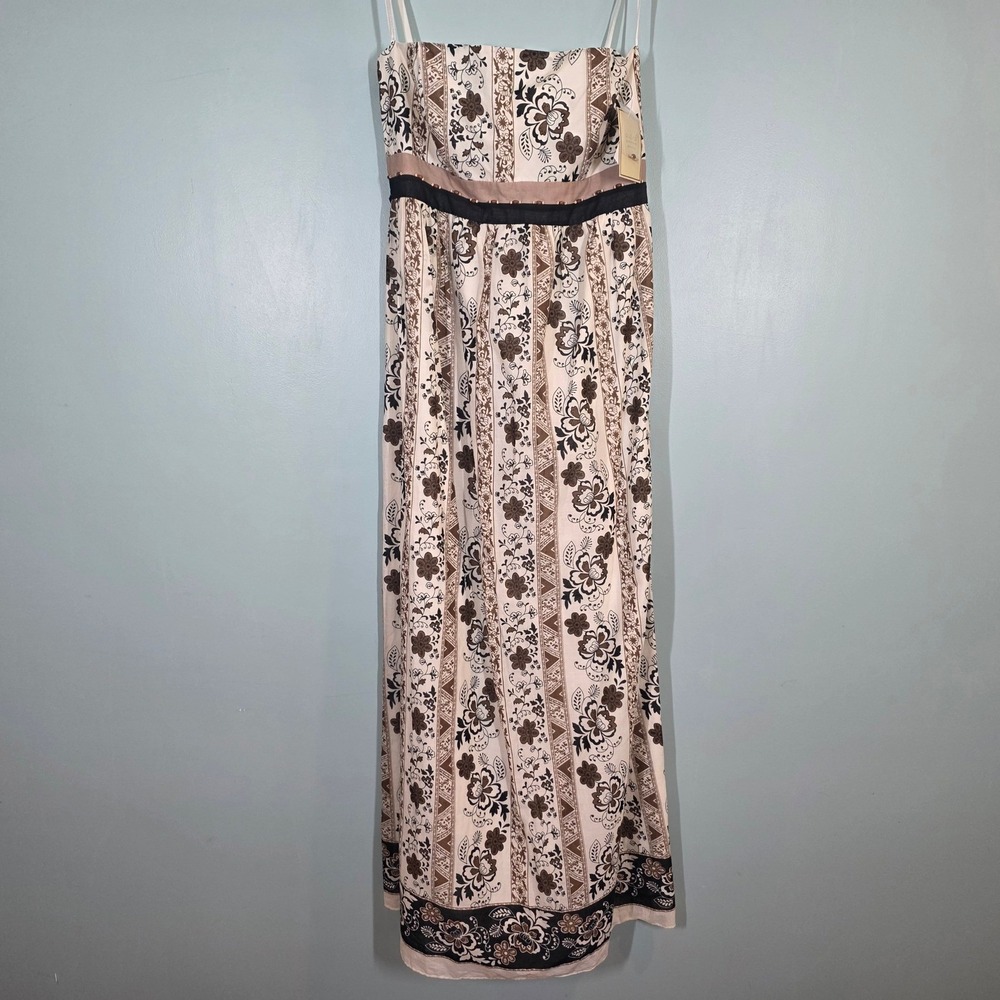 Jonathan Martin Womens Cotton Floral Maxi Dress Beaded Strapless Black Tan 12